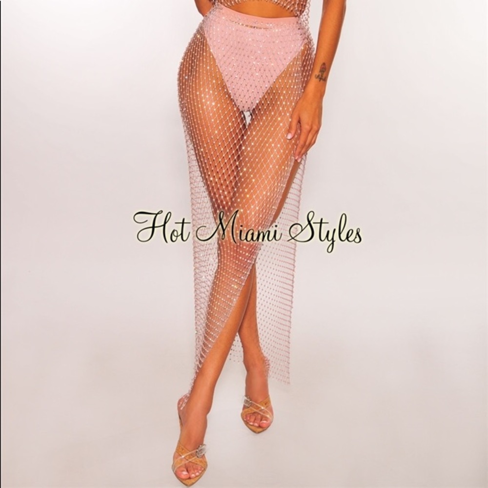 BLACK Fishnet Rhinestone Slit Cover Up Skirt